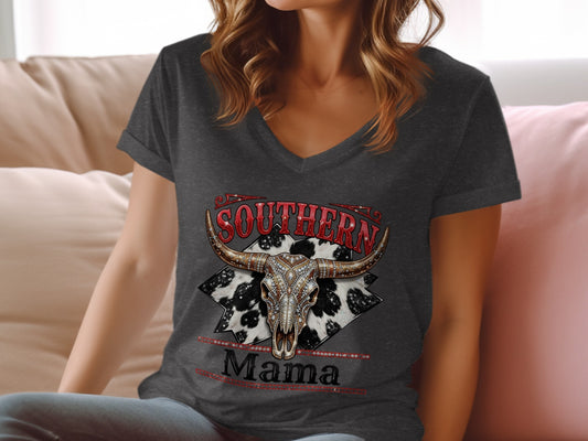Dark gray v-neck t-shirt with "Southern Mama" and a cow skull graphic.