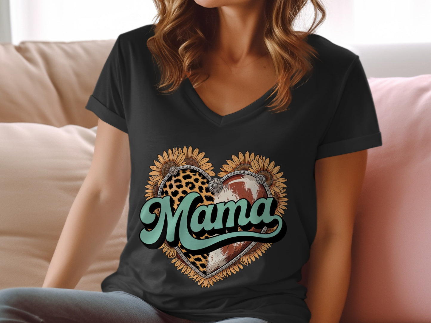Black t-shirt with "Mama" in a heart shape with sunflowers and leopard print.