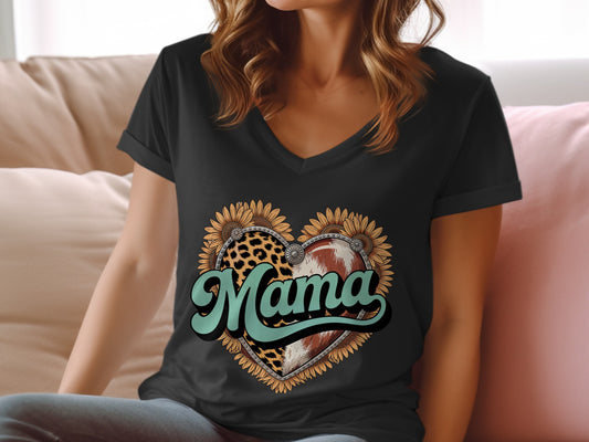 Black t-shirt with "Mama" in a heart shape with sunflowers and leopard print.