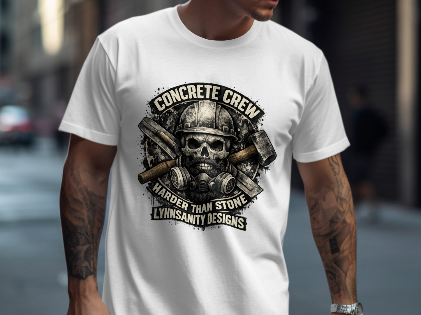 White t-shirt with "Concrete Crew" skull, hard hat, and hammers graphic.
