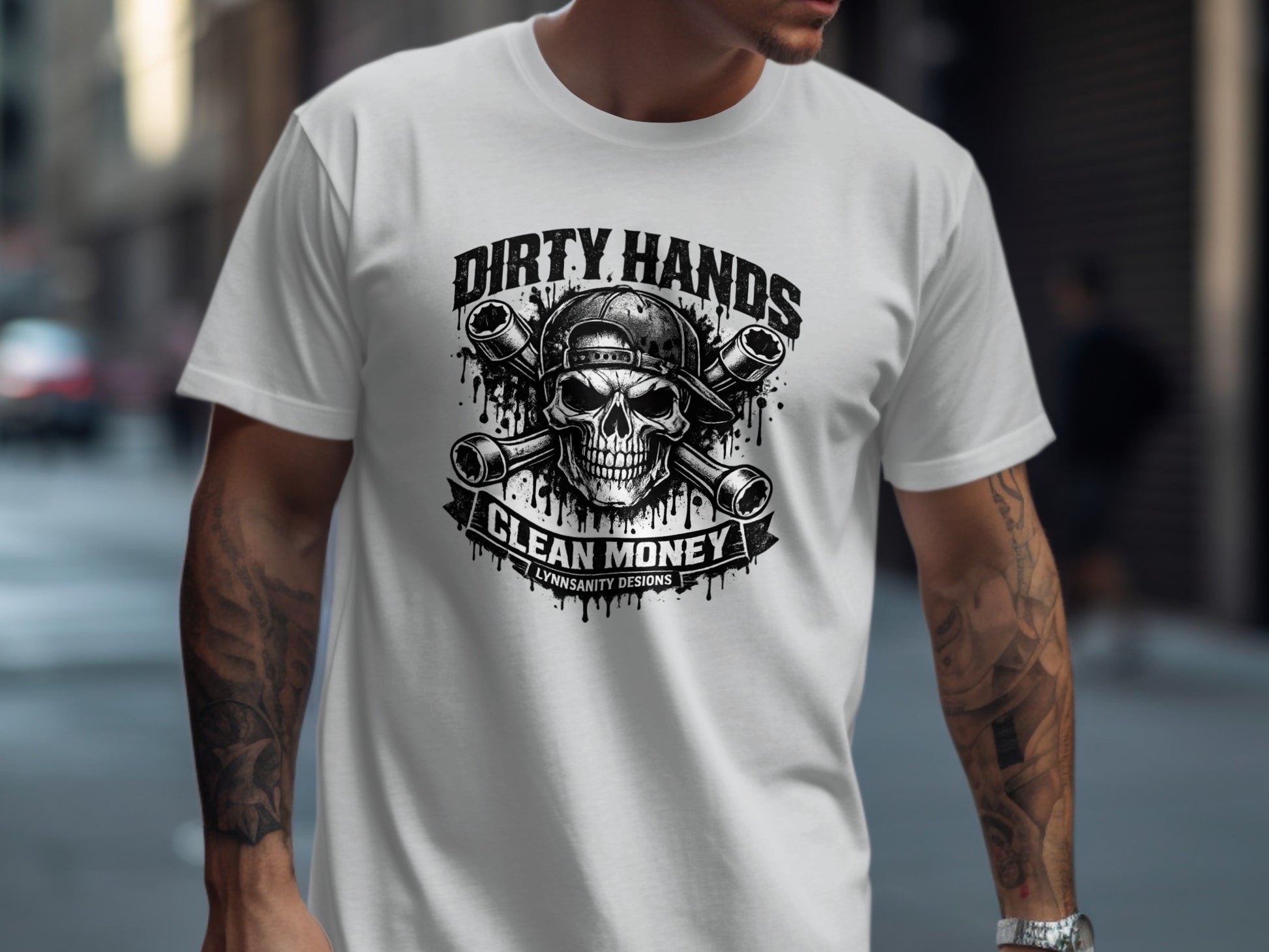 T-shirt with skull, wrenches, and "Dirty Hands Clean Money" text.