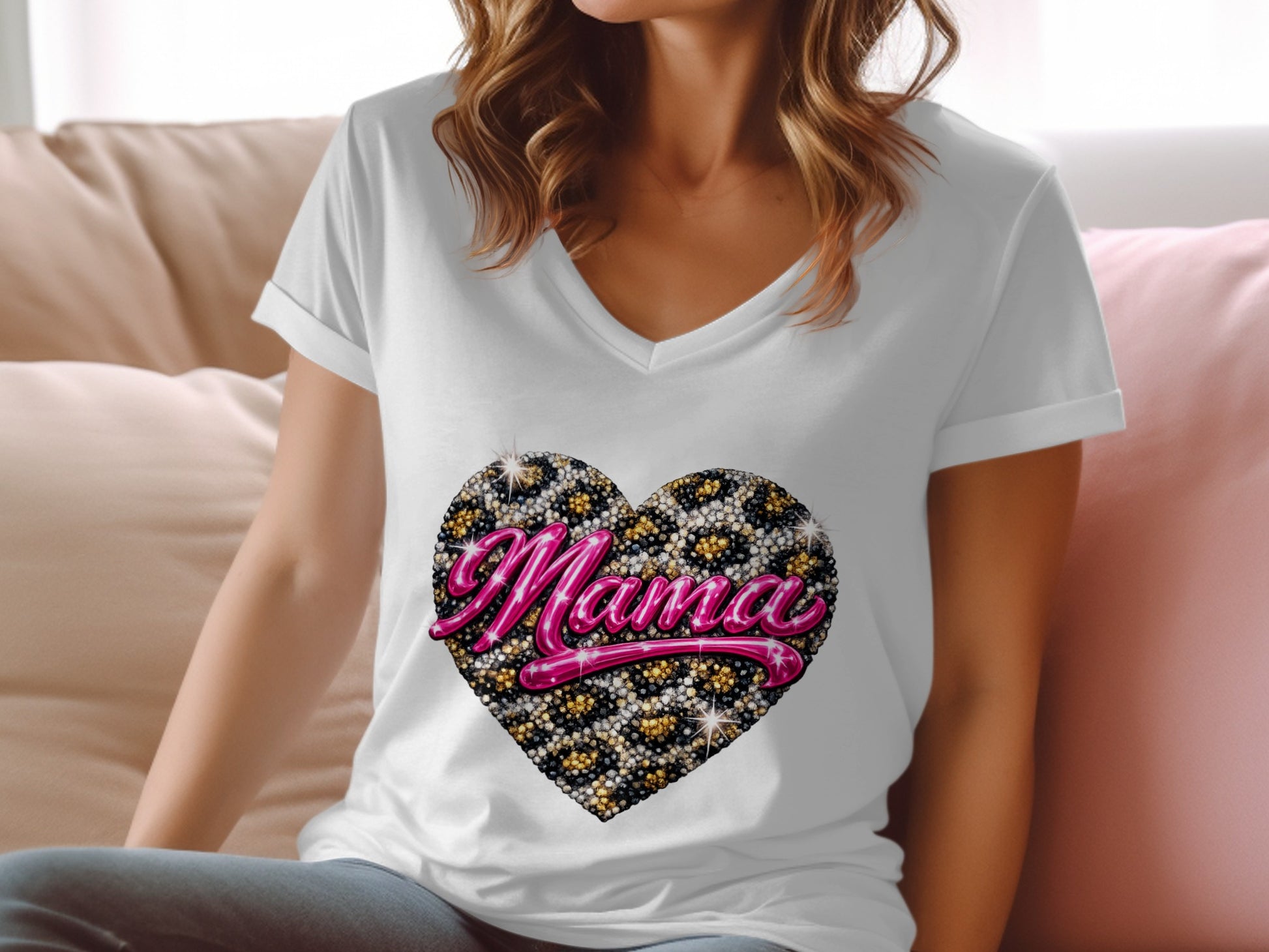 White t-shirt with a leopard print heart graphic that says "Mama".