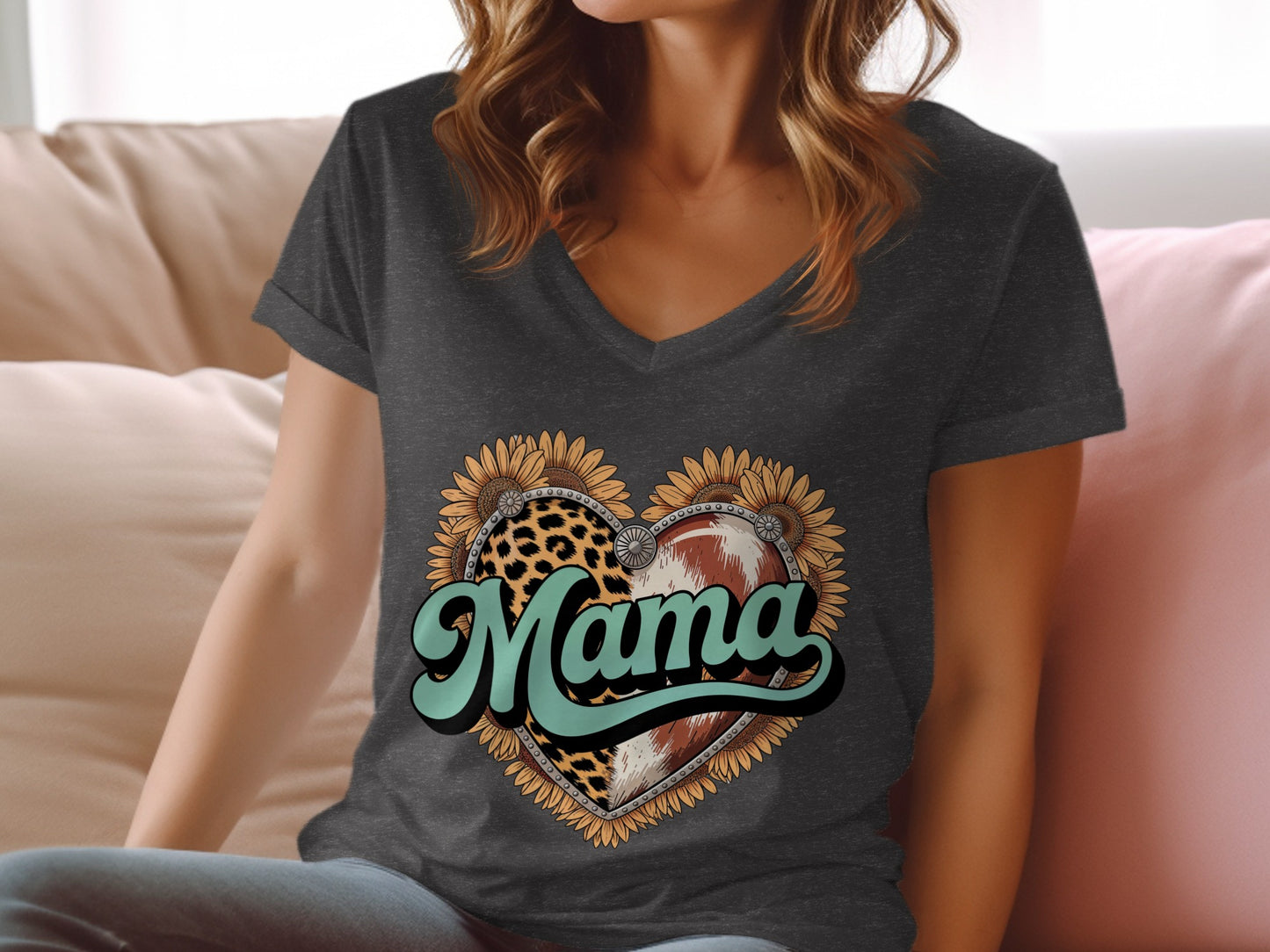 Dark grey v-neck t-shirt with "Mama" design featuring heart, sunflowers, leopard print, and cowhide.