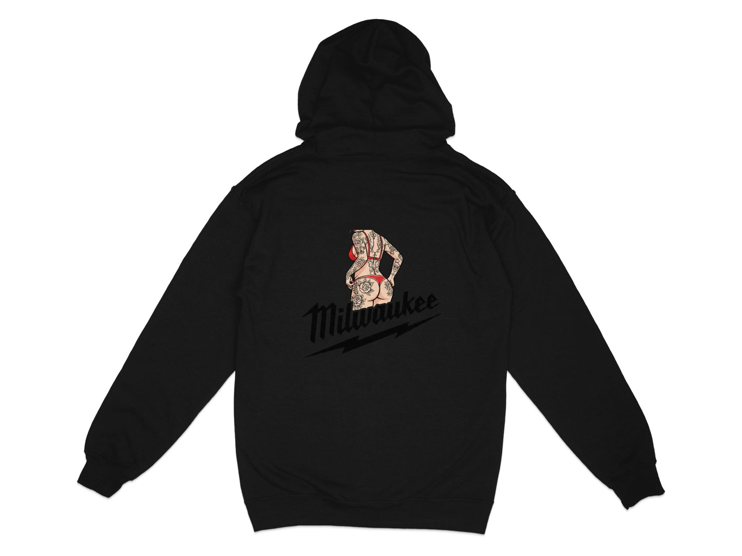 Black hoodie with tattooed woman and "Milwaukee" text on back.