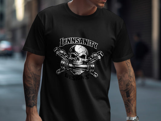 Black t-shirt with a skull and cross wrenches logo, "LYNNSANITY DESIGNS".
