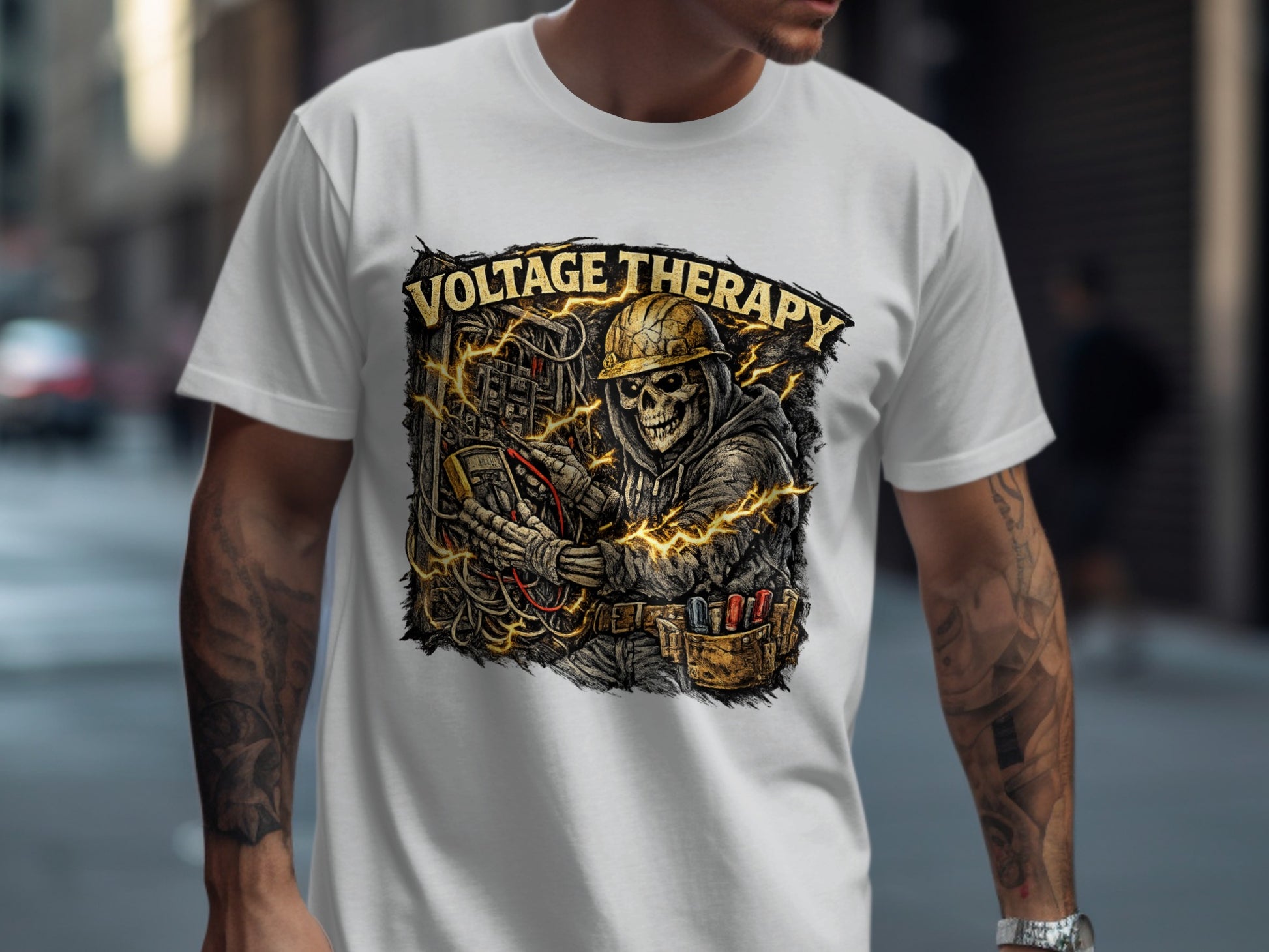 Skeleton in hoodie holding electrical equipment with "Voltage Therapy" text.