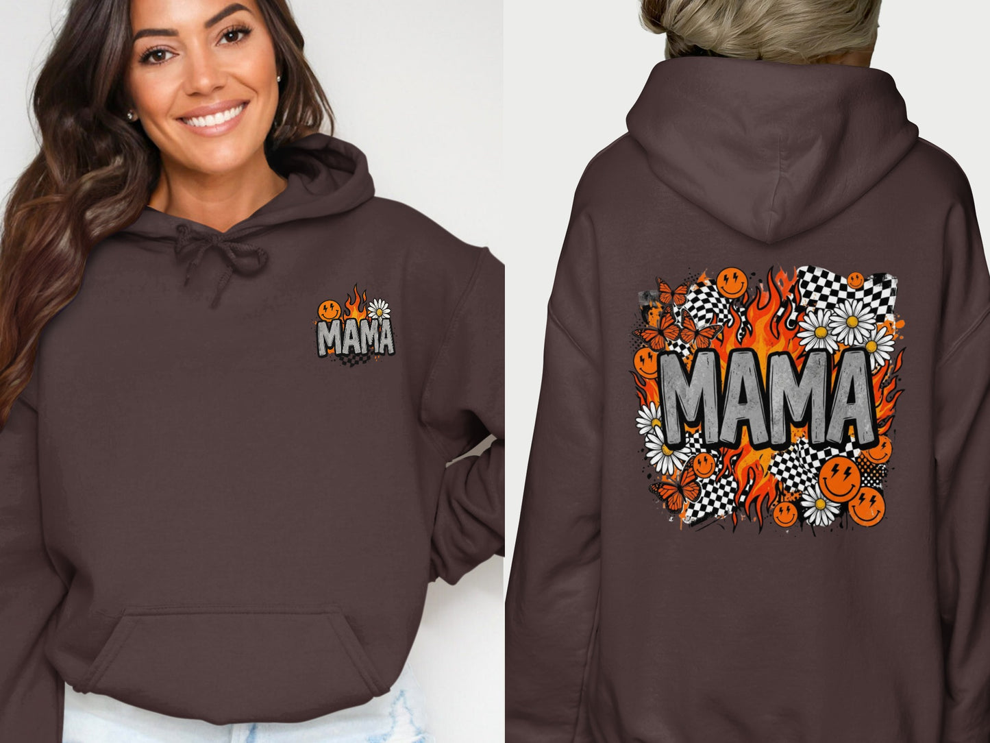 Brown hoodie with "MAMA" in flames, butterflies, flowers, and smiley faces.