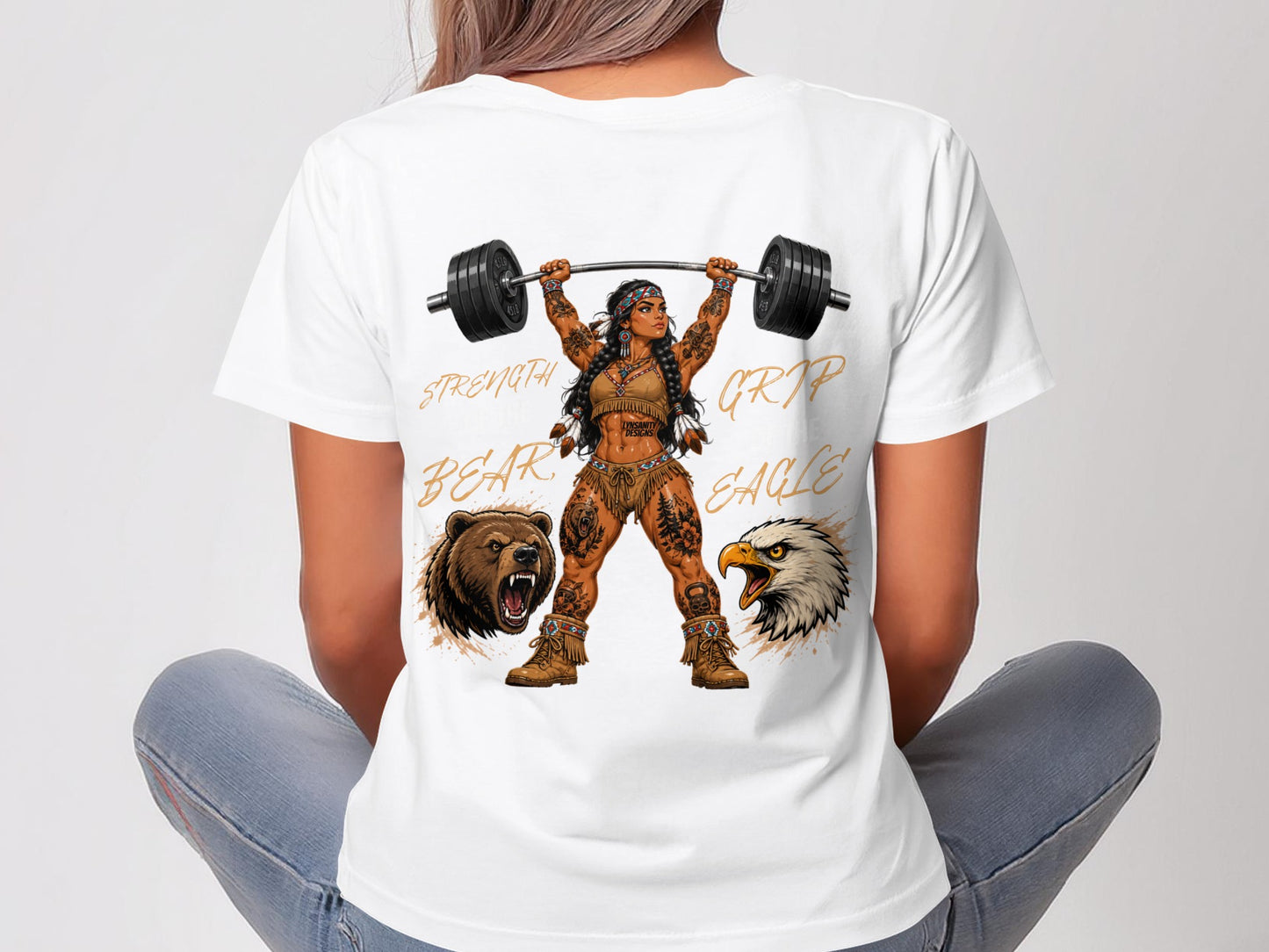 Woman lifting barbell with bear and eagle imagery and text.