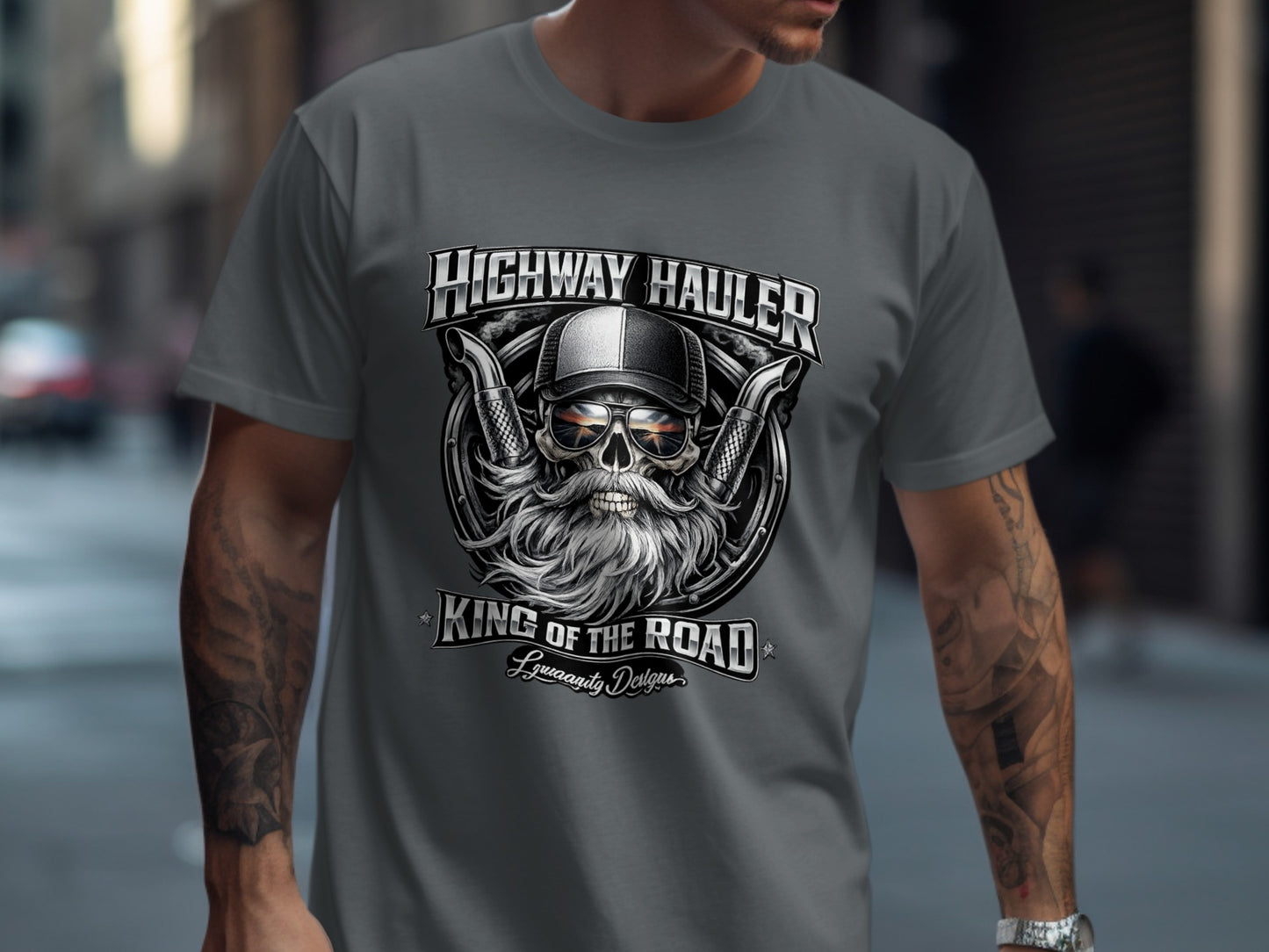 T-shirt with "Highway Hauler King of the Road" text, sunglasses, and beard graphic.