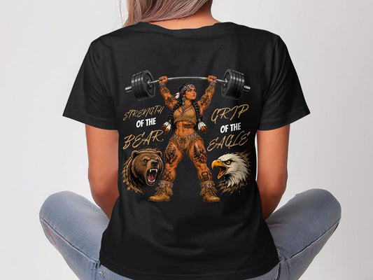 Woman in black t-shirt lifting barbell, Native American imagery, "Strength of the Bear, Grip of the Eagle".