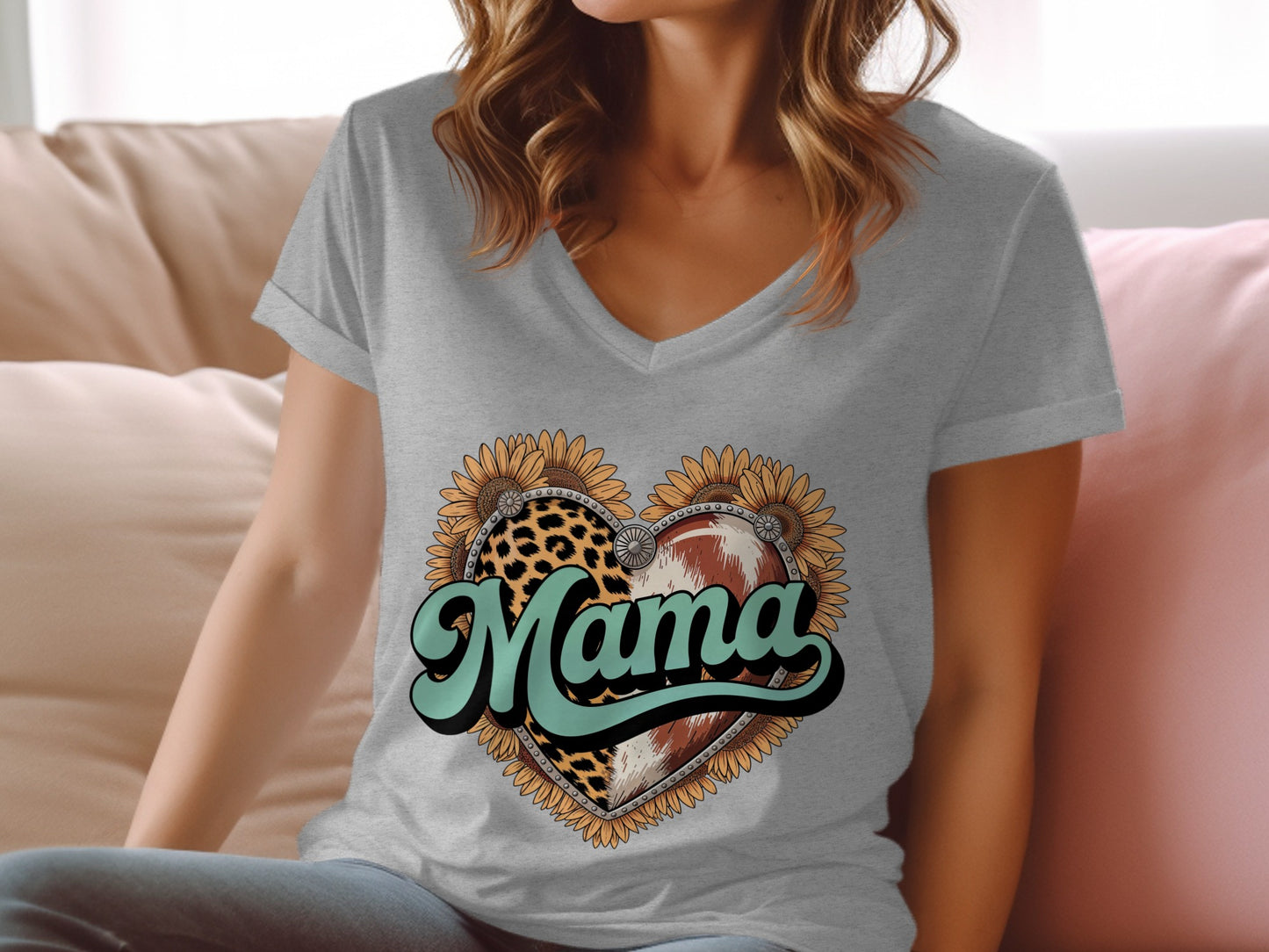 Grey v-neck t-shirt with "Mama" in retro script, surrounded by sunflowers and animal print heart.