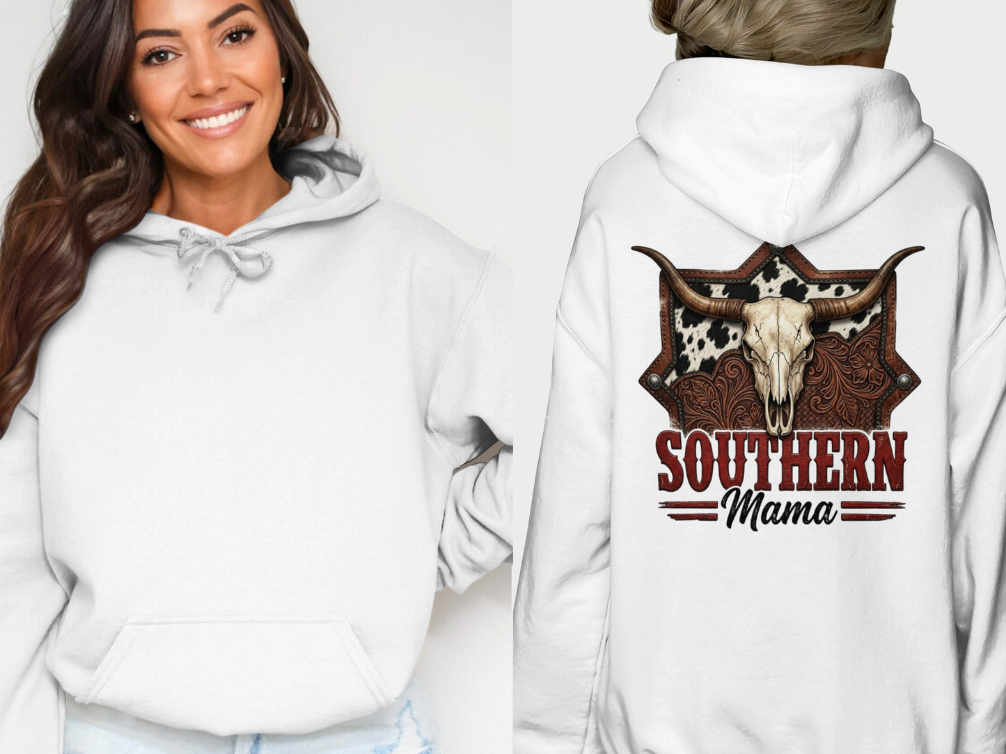 White hoodie featuring a cow skull and "Southern Mama" graphic on the back.