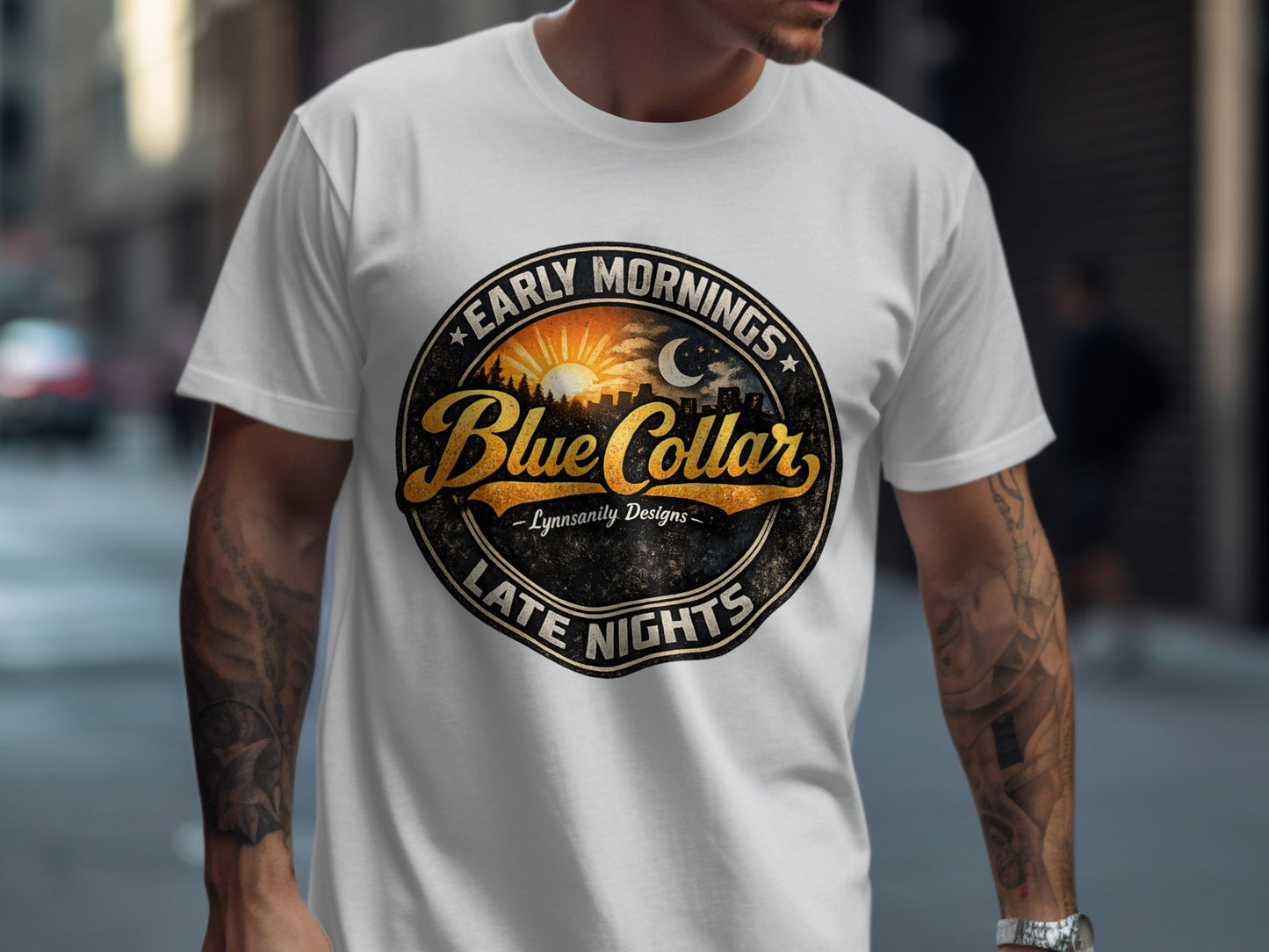 White t-shirt with "Early Mornings Late Nights" and "Blue Collar" logo.