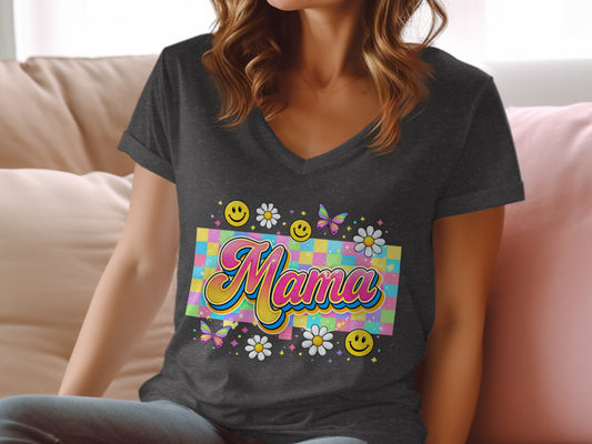Mama graphic with butterflies and flowers on a dark t-shirt.