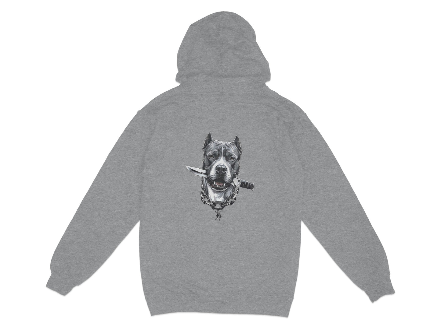 Grey hoodie with a graphic of a pit bull wearing a chain and holding a knife in its mouth.
