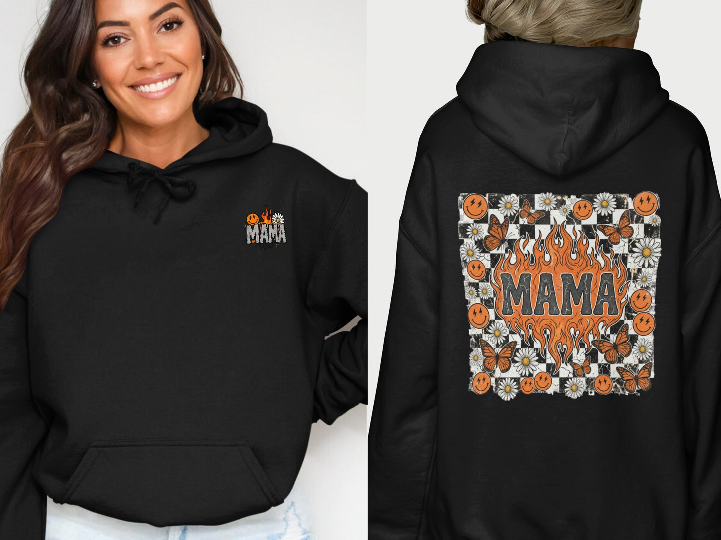 Black hoodie with "MAMA" and butterfly flames design on back.