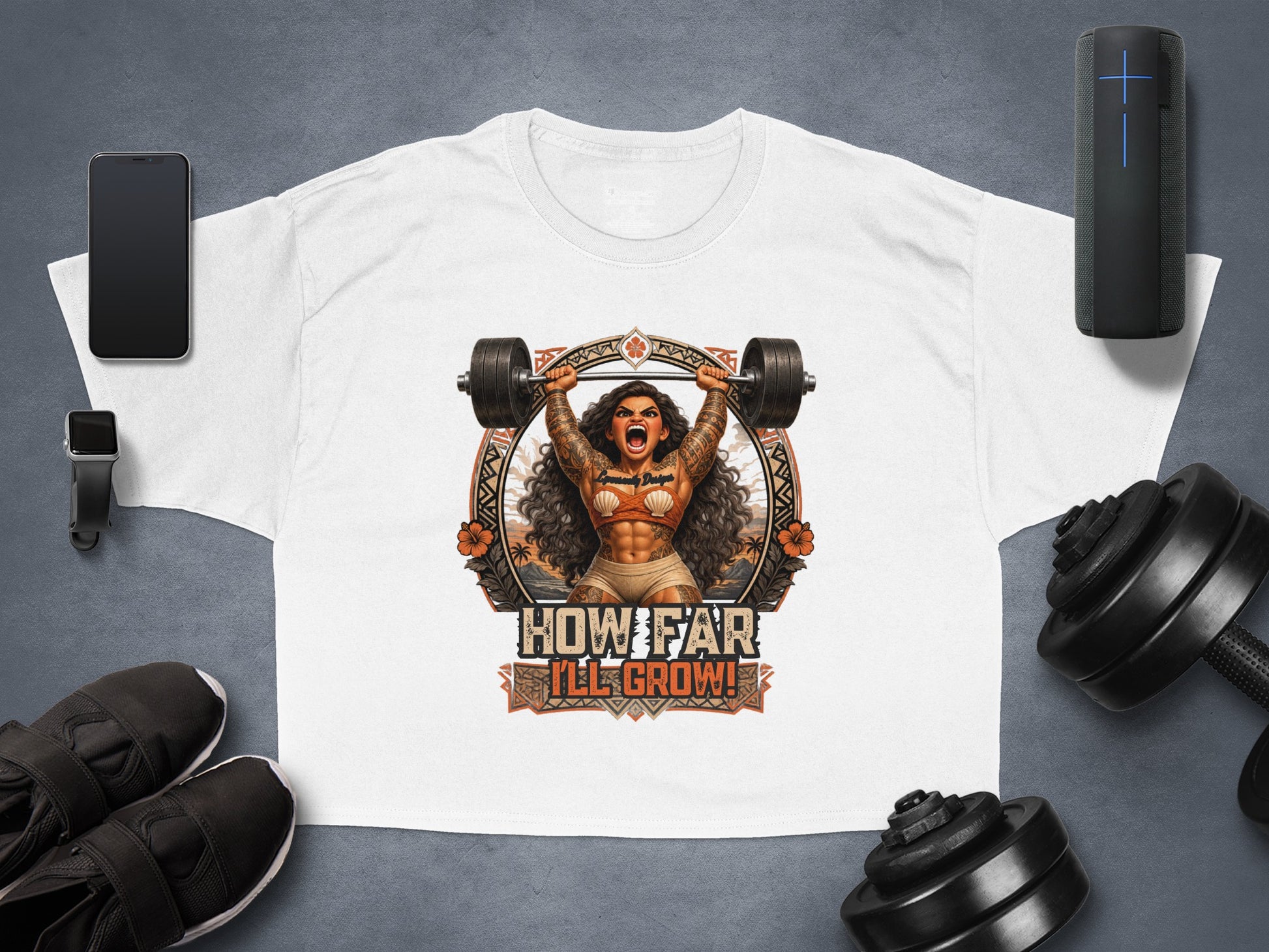 Woman with tattoos lifting barbell, text "How Far I'll Grow!"