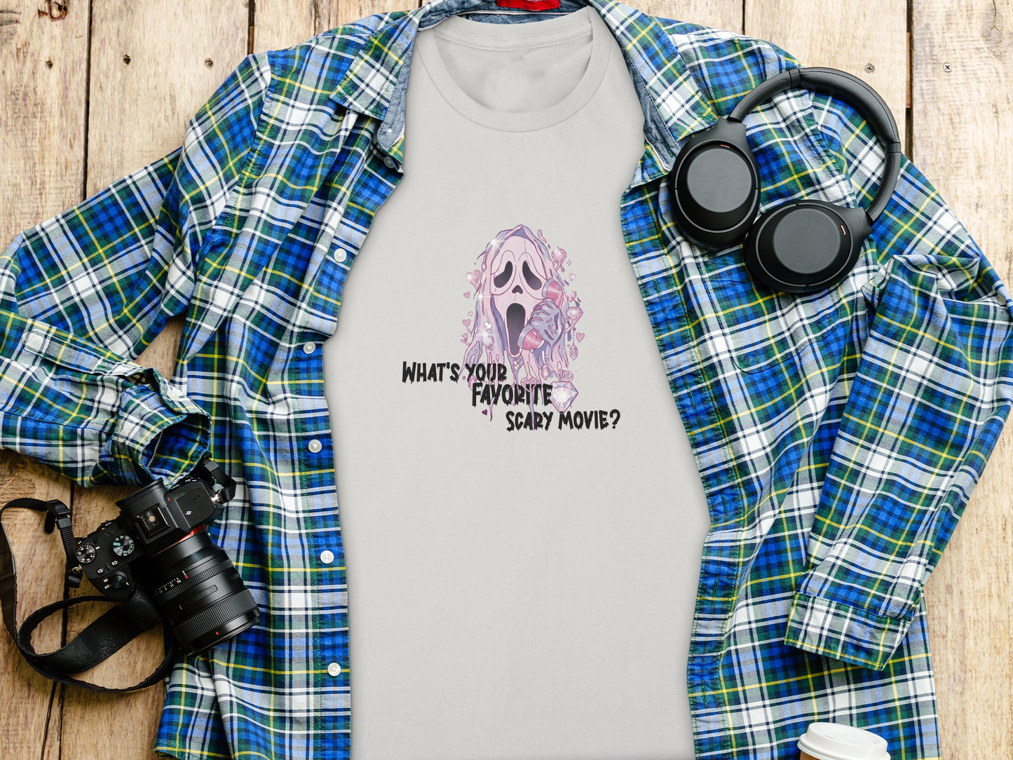 Ghostface t-shirt with "What's your favorite scary movie?" text.