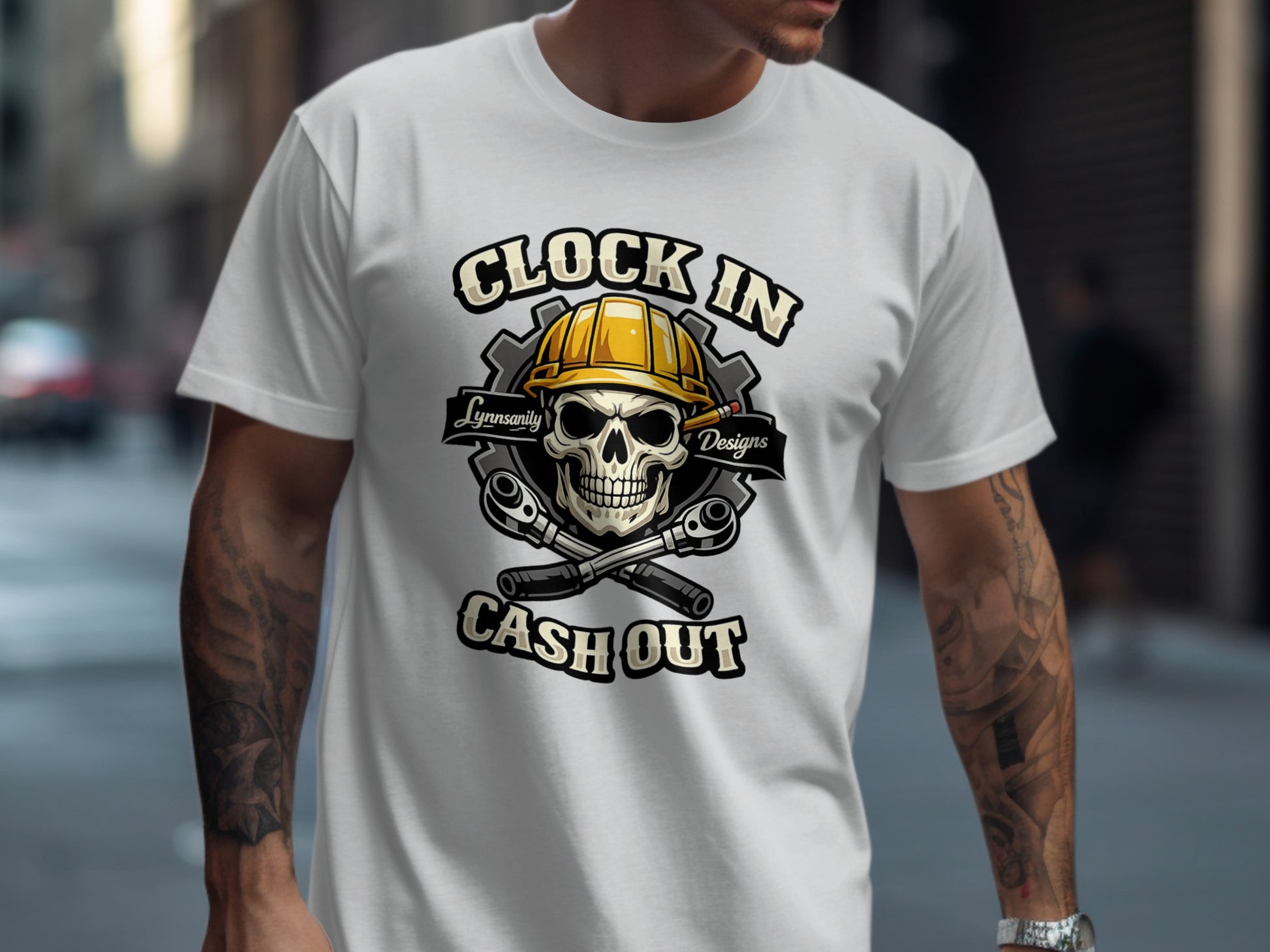 Skull wearing hard hat and crossed wrenches with "Clock In Cash Out" text.