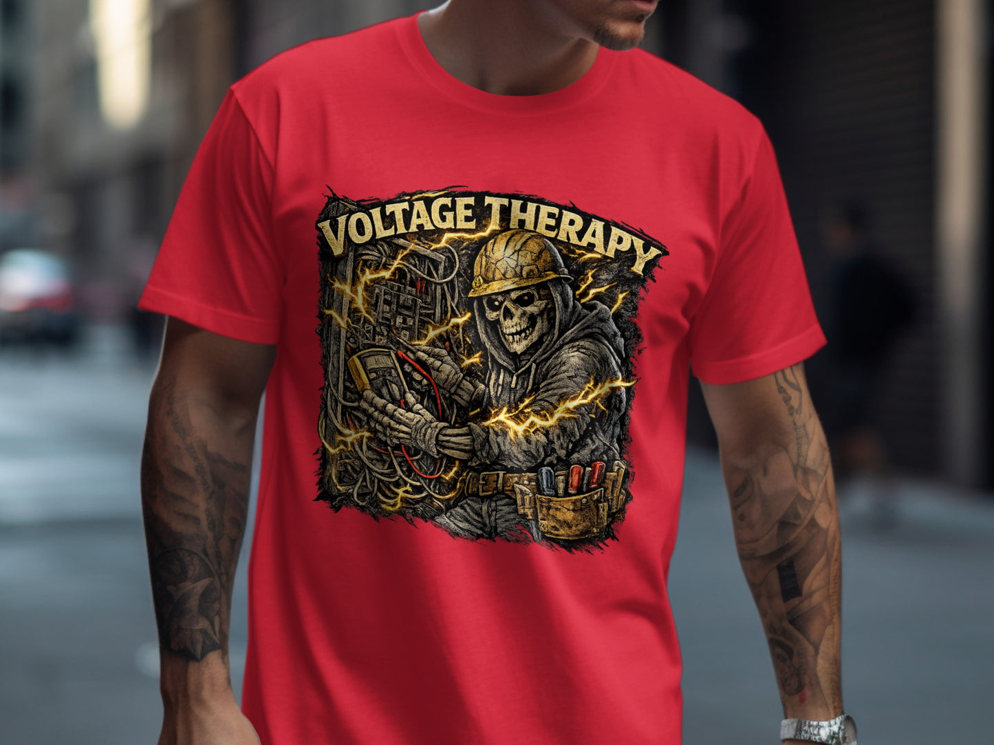 Skeleton electrician in hard hat on red t-shirt with "Voltage Therapy" text.