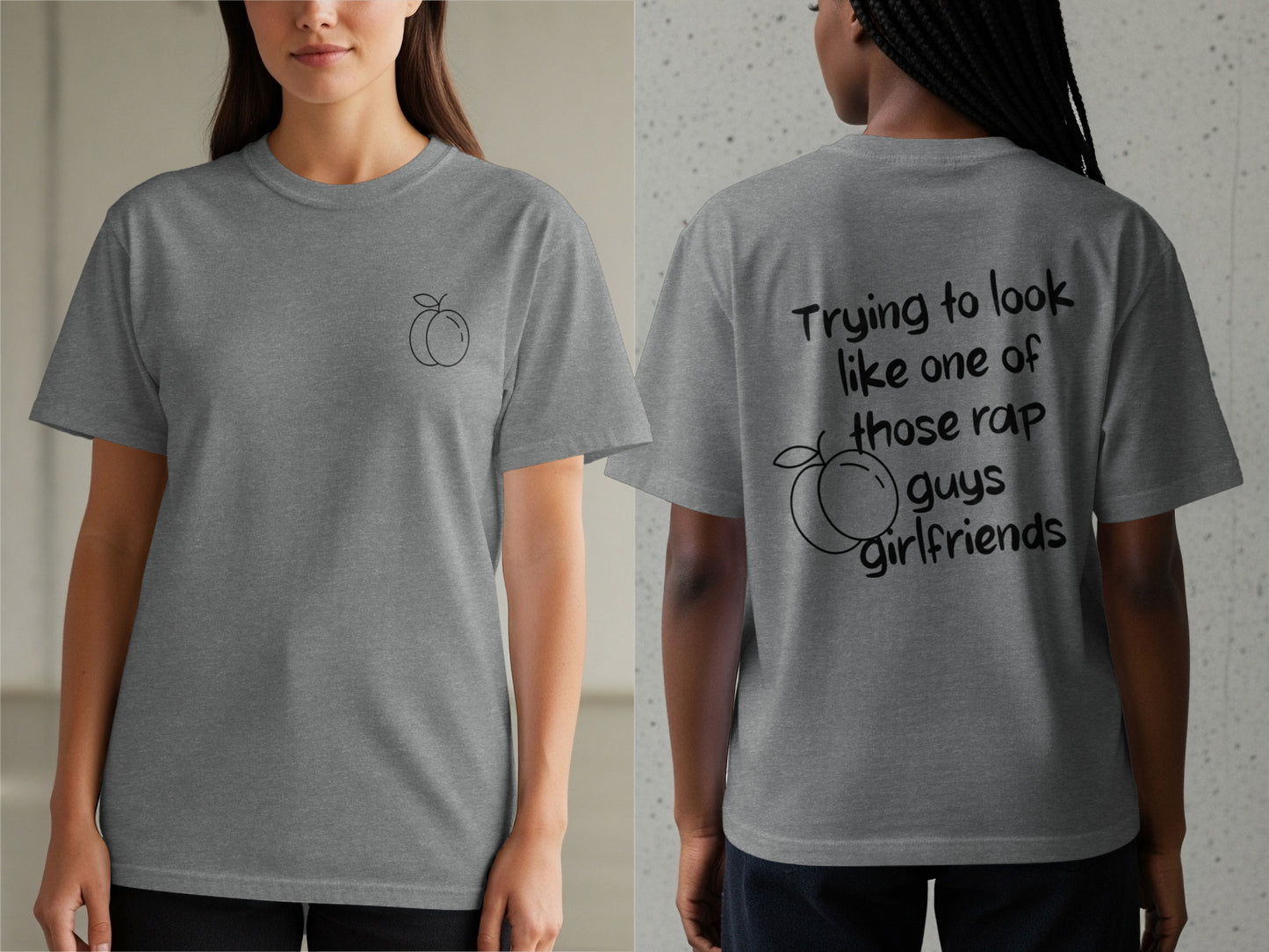 Gray t-shirt with peach graphic on front and rap lyrics on back.
