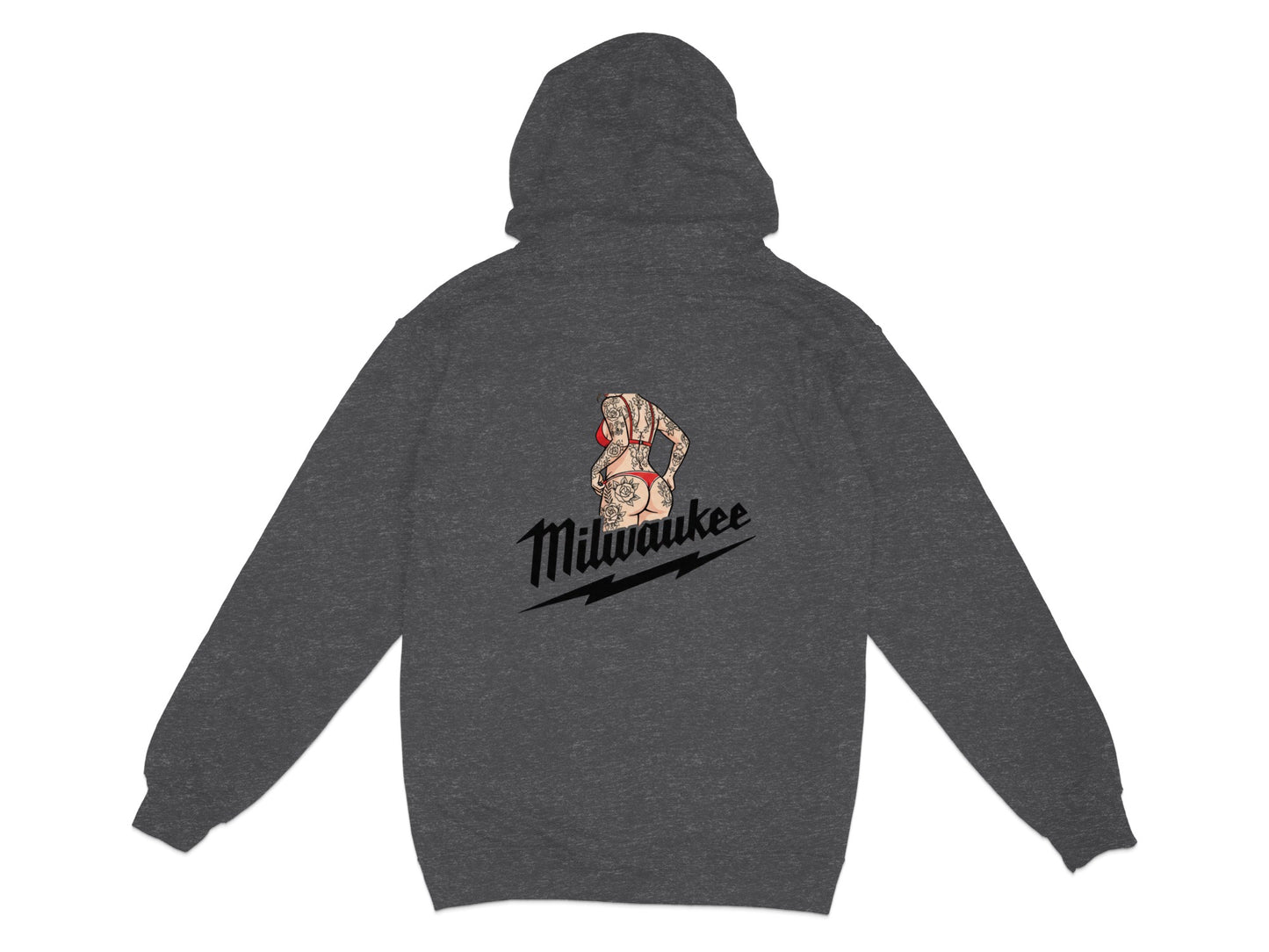 Dark gray hoodie with "Milwaukee" text and tattooed woman graphic on the back.