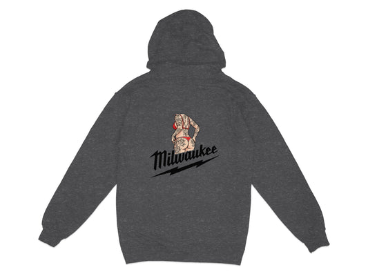 Dark gray hoodie with "Milwaukee" text and tattooed woman graphic on the back.
