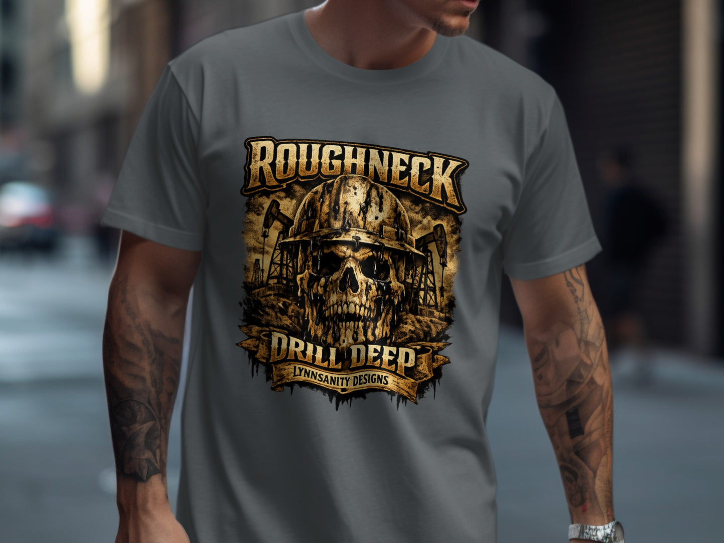 Roughneck skull with drill rig and oil derricks, "Drill Deep".