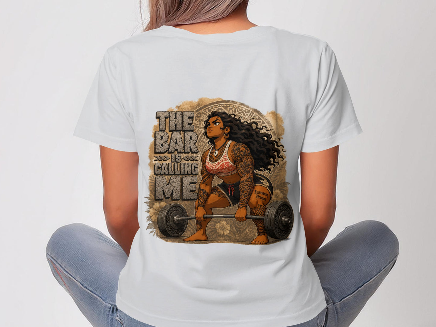 Woman in t-shirt with "The Bar Is Calling Me" text lifting weights.