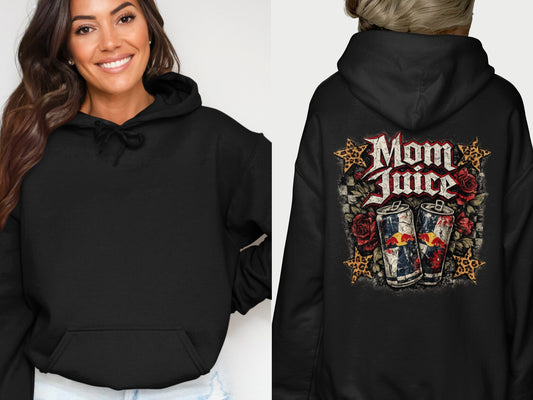 Black hoodie with "Mom Juice" graphic featuring two soda cans and roses.