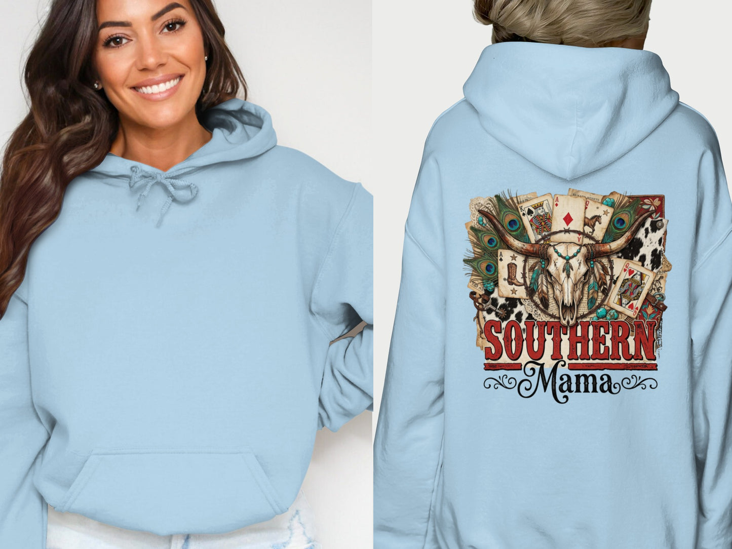 Light blue hoodie with skull, feathers, and playing cards graphic, text "Southern Mama".