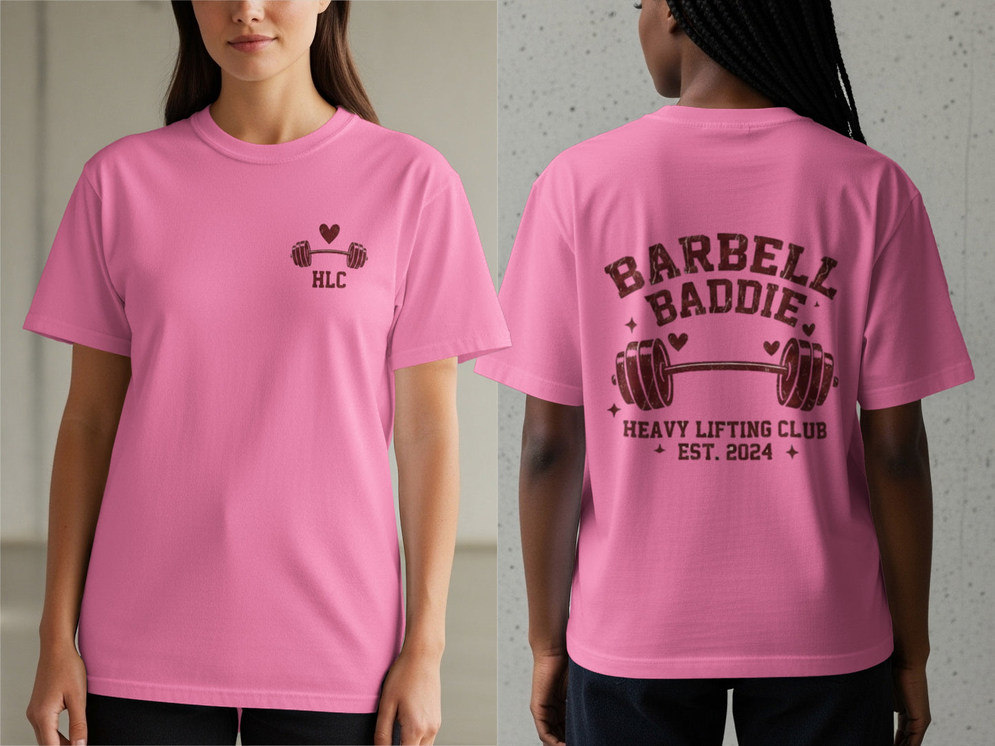 Pink t-shirt with "Barbell Baddie" and a heart graphic on the back.
