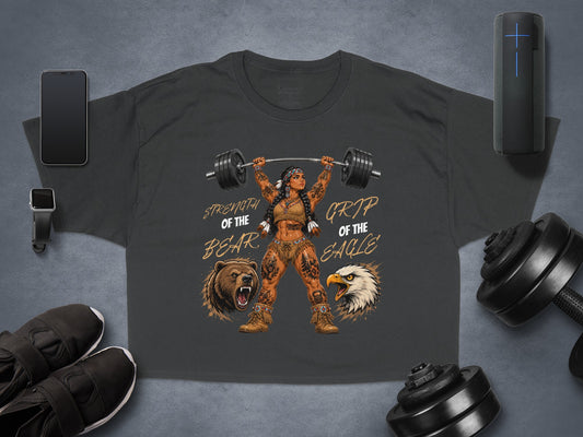 Dark t-shirt with bear and eagle graphics, text "Strength of the Bear, Grip of the Eagle".