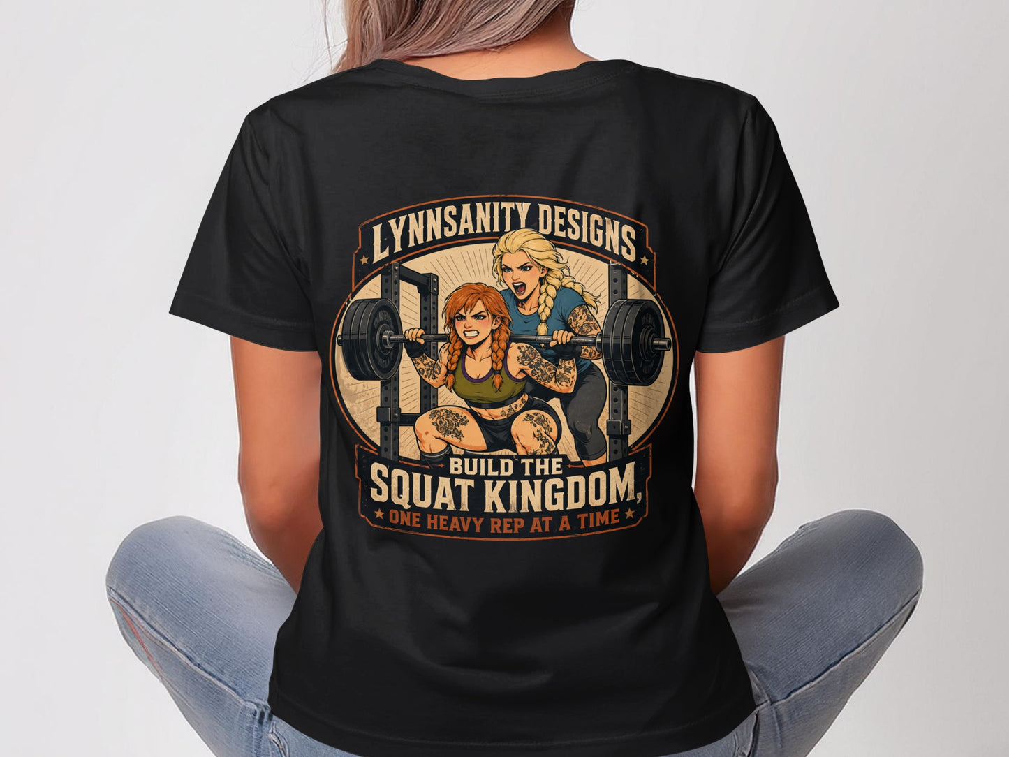Two women lifting weights with "Lynnssanity Designs" and fitness motivational text.