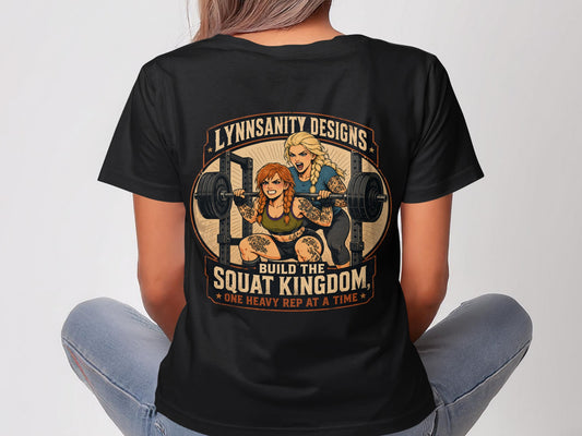 Two women lifting weights with "Lynnssanity Designs" and fitness motivational text.