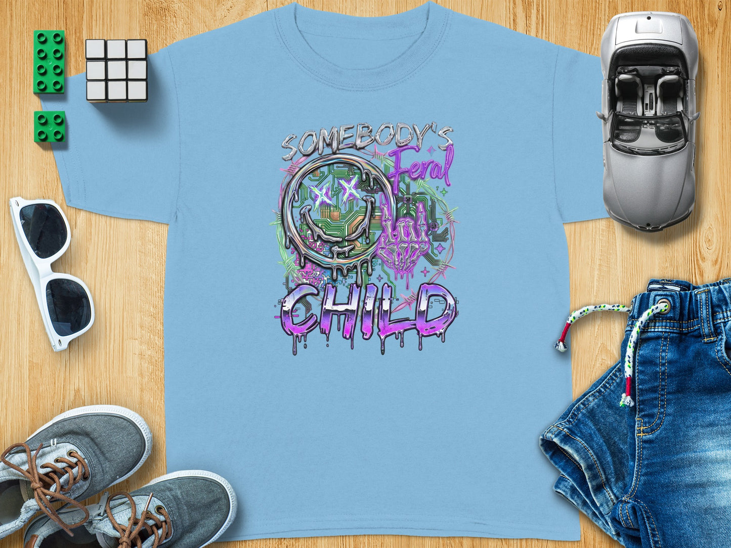 Somebody's Feral My Child Neon Cyber Smiley Graphic product type