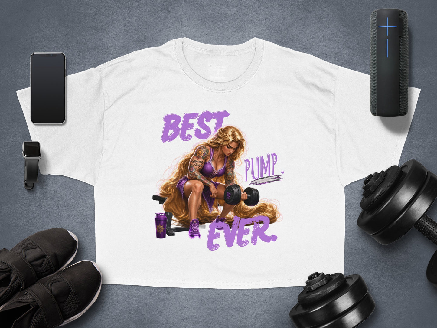 White t-shirt with graphic of a muscular woman lifting weights, "Best Pump Ever" text.