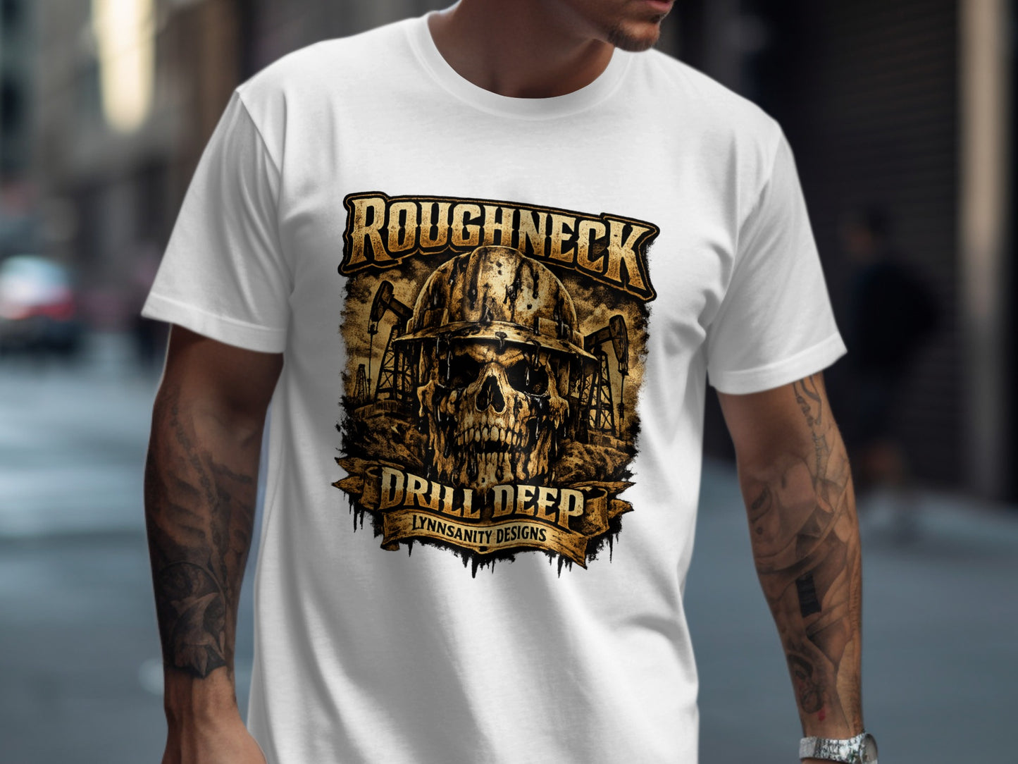 White t-shirt with skull graphic and "ROUGHNECK DRILL DEEP" text.
