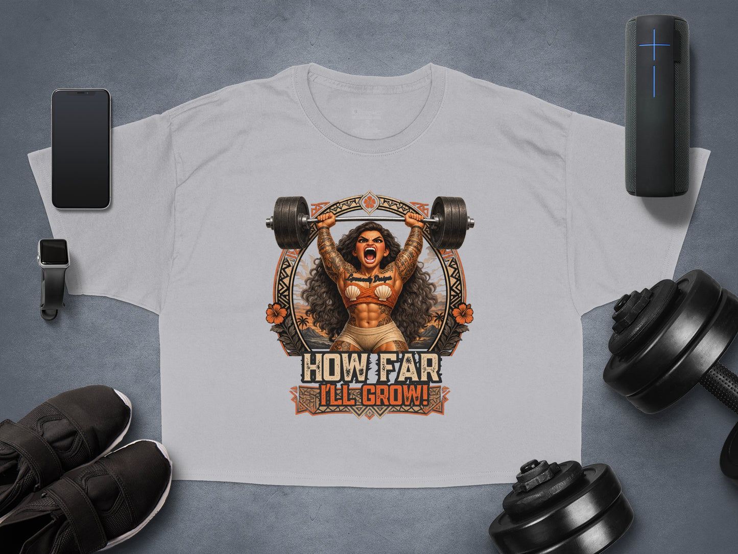 T-shirt featuring a woman lifting weights with "HOW FAR I'LL GROW!" text.