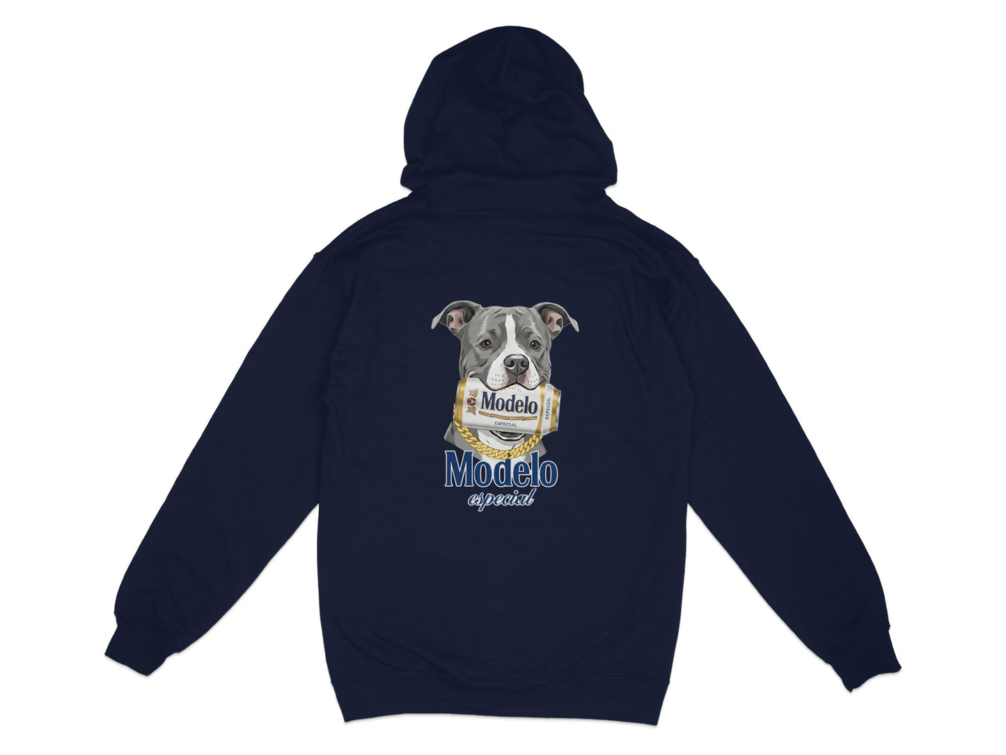 Navy hoodie with dog wearing a beer can necklace and "Modelo Especial" logo.