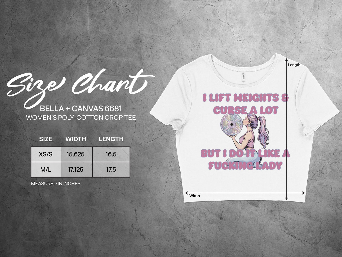 Size chart for Bella+Canvas 6681 women's crop tee with text.