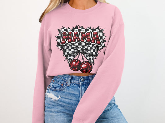 Pink cropped sweatshirt with "Mama" in red checkered letters and two red cherries.