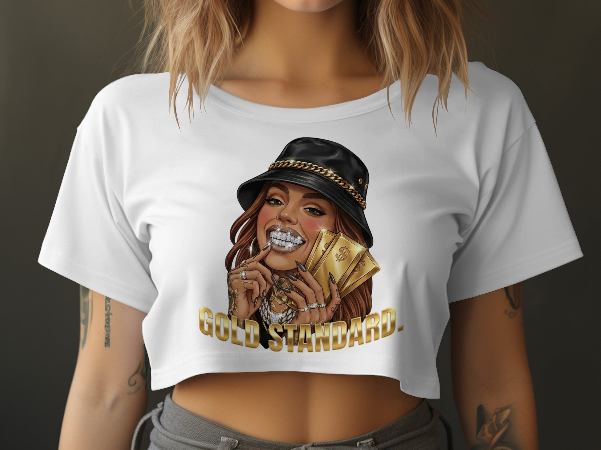 Woman in white crop top holding gold bars and dollar bills with "GOLD STANDARD" text.