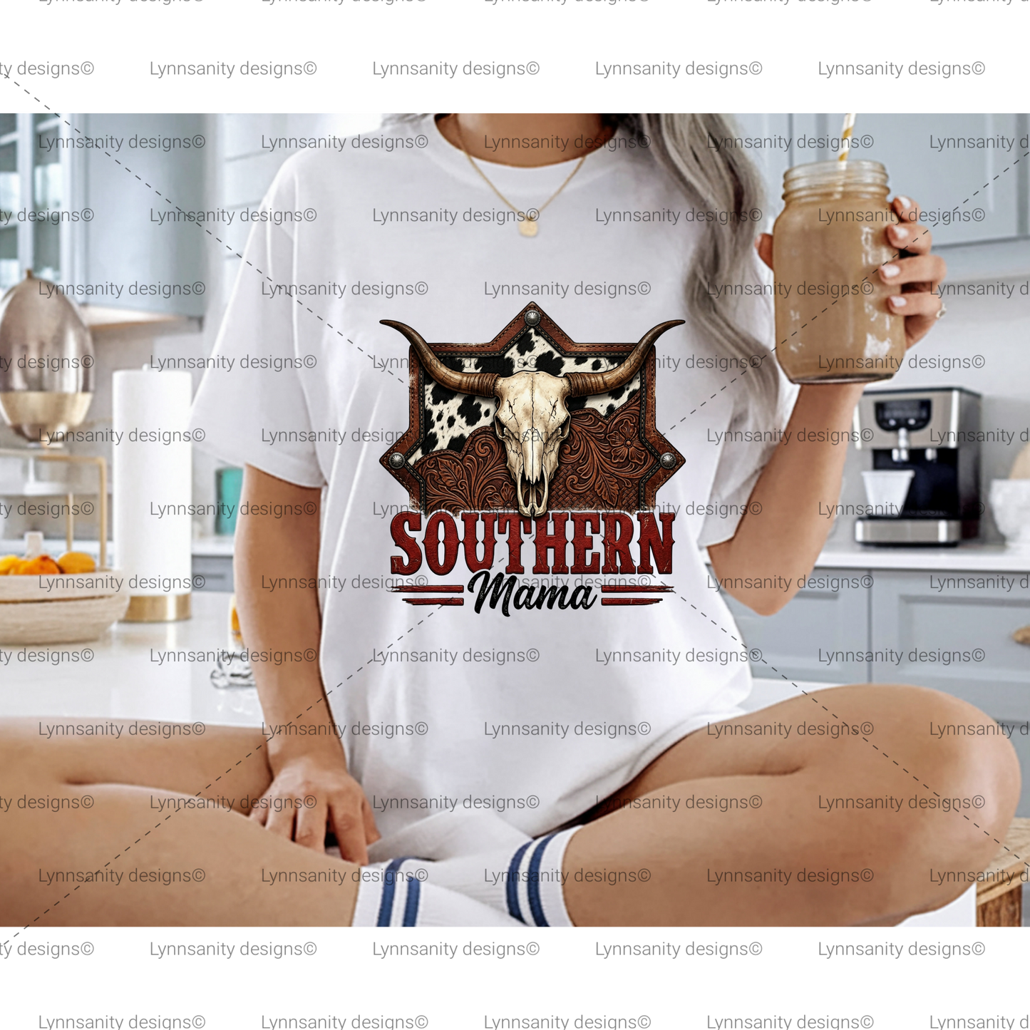 Rustic Southern Mama Cowhide Skull PNG