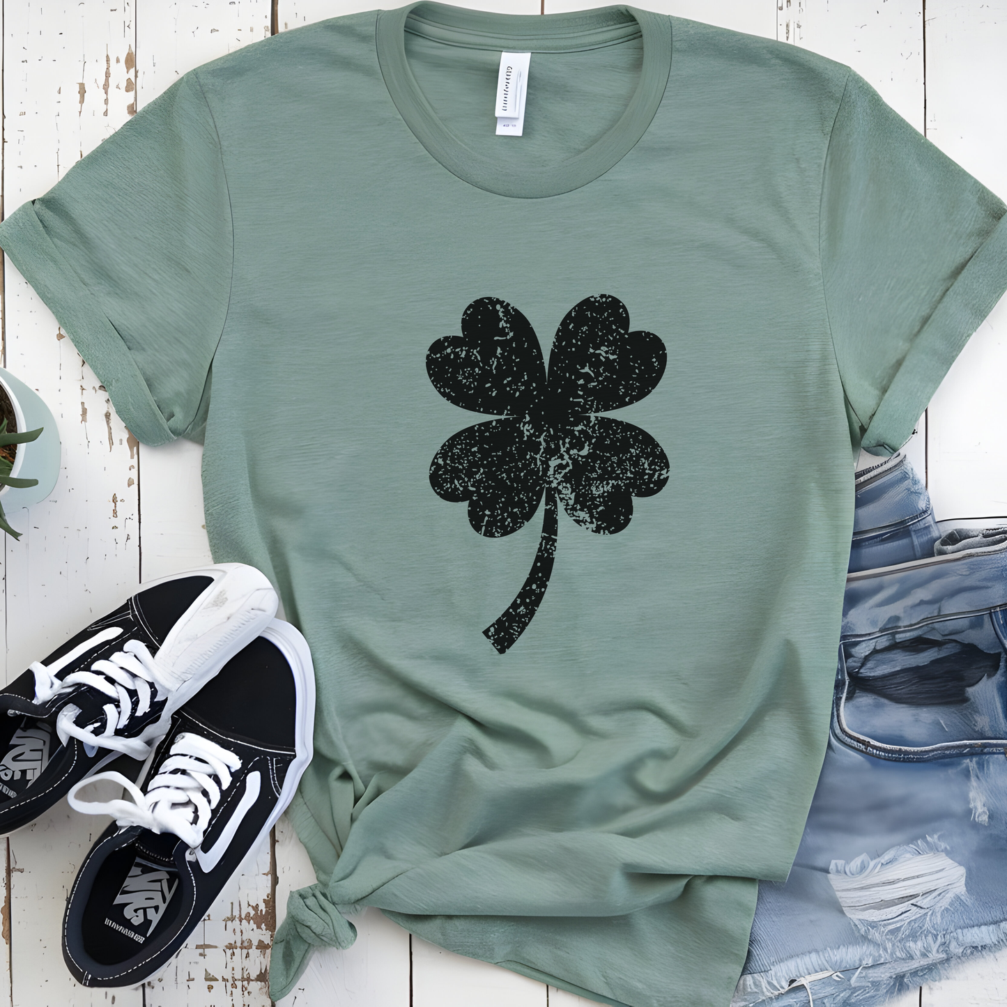 Minimalist Distressed Four-Leaf Clover Tee Classic Black Graphic