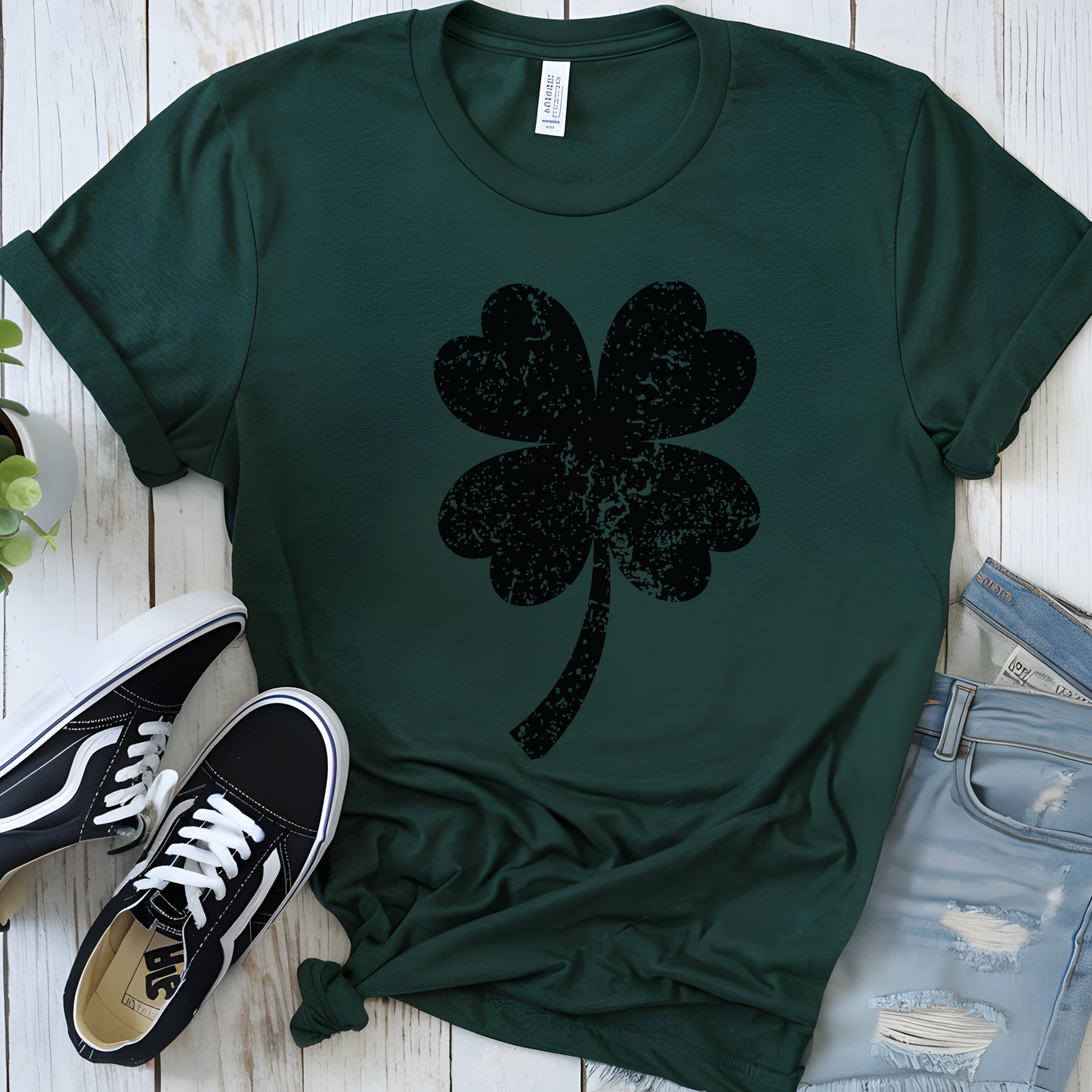 Minimalist Distressed Four-Leaf Clover Tee Classic Black Graphic
