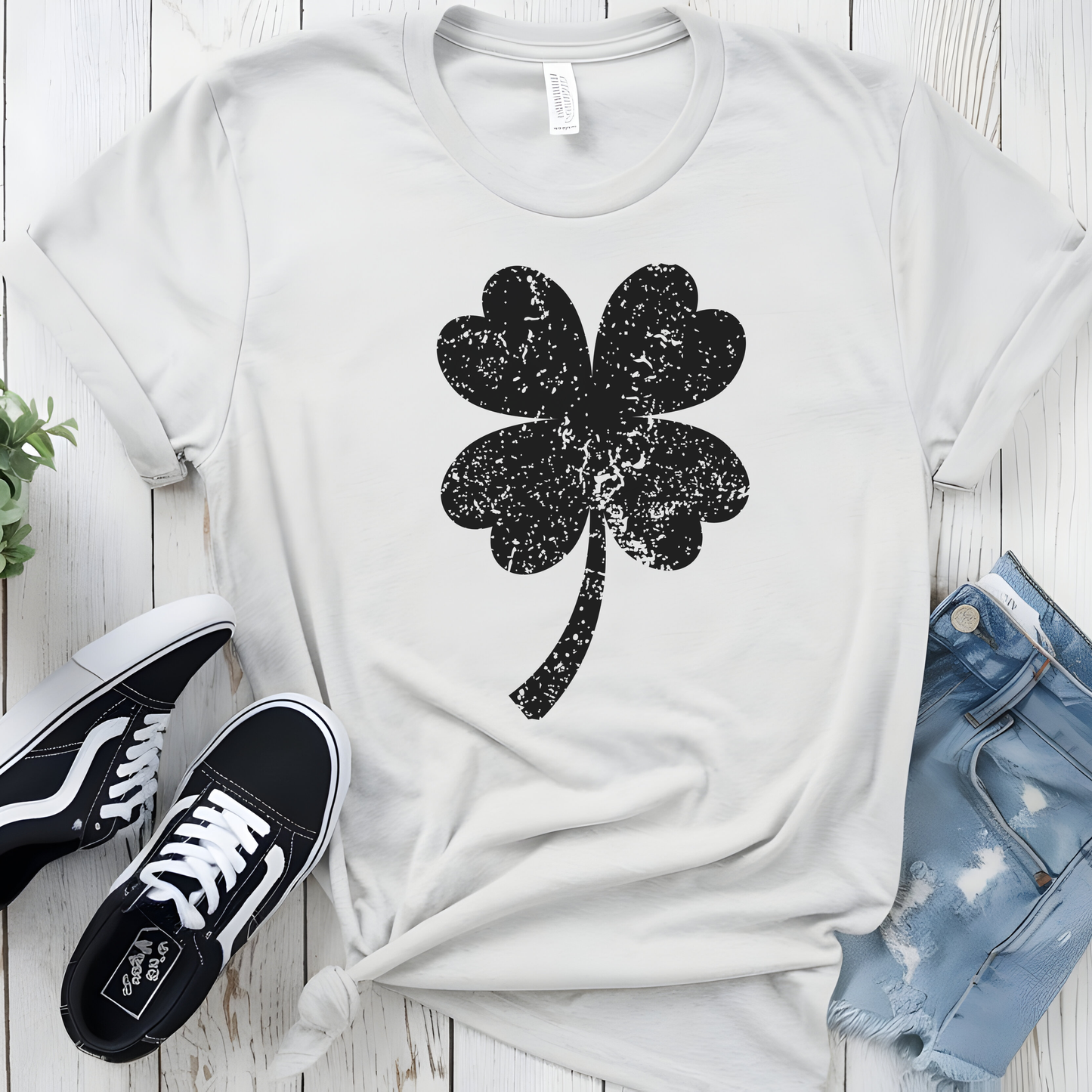 Minimalist Distressed Four-Leaf Clover Tee Classic Black Graphic