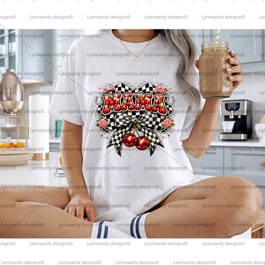 Mama Cherry Bow Checkerboard PNG