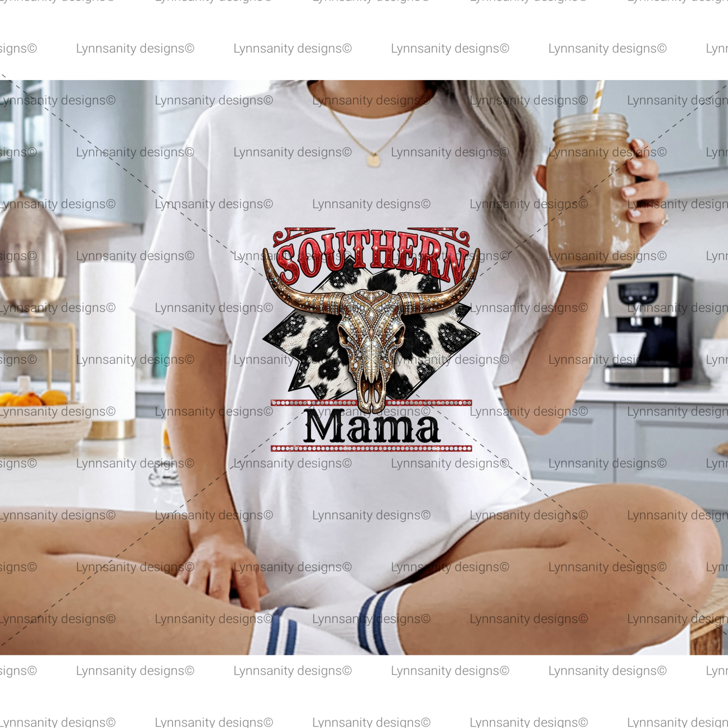Southern Mama Cowhide Skull PNG