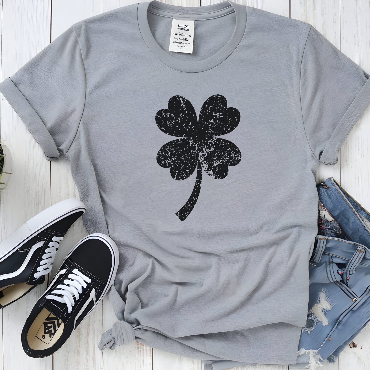 Minimalist Distressed Four-Leaf Clover Tee Classic Black Graphic